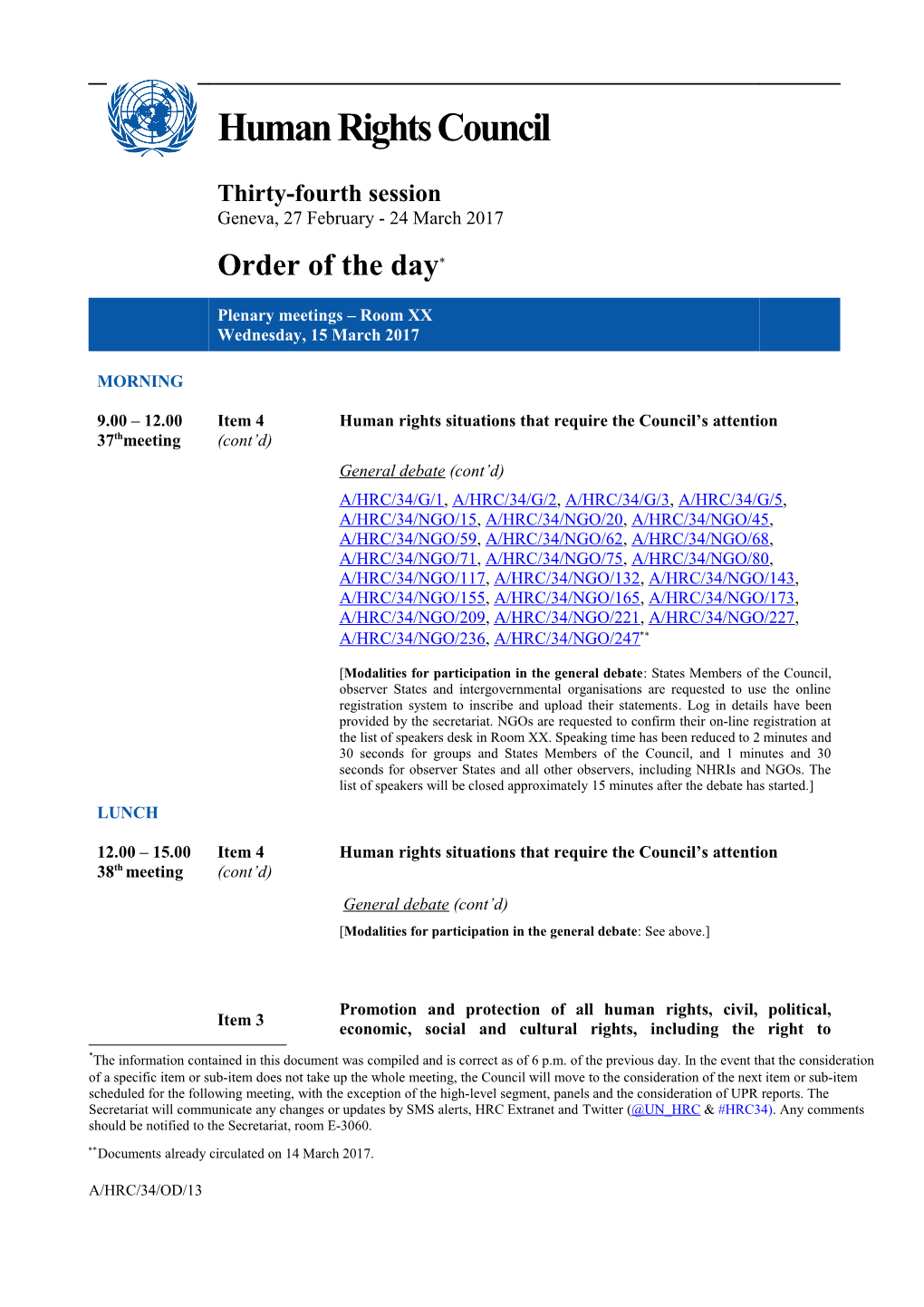 Wednesday, 15 March 2017, Order of the Day
