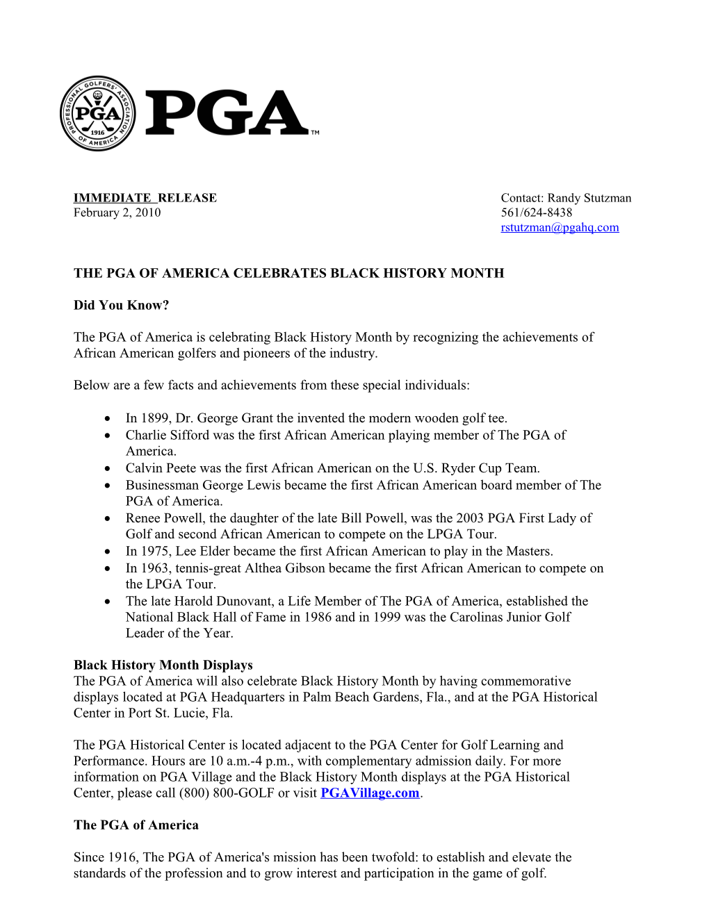 The Pga of America Celebrates Black History Month