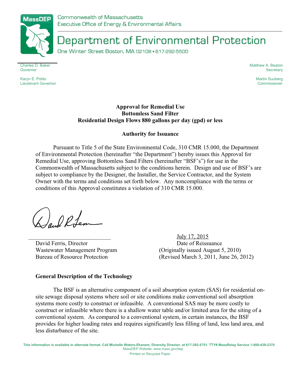 Approval for Remedial Use of the Bottomless Sand Filter ( BSF )Page 1 of 14