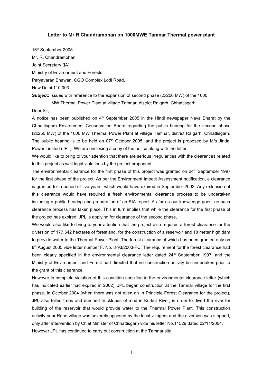 Letter to Mr R Chandramohan on 1000MWE Tamnar Thermal Power Plant