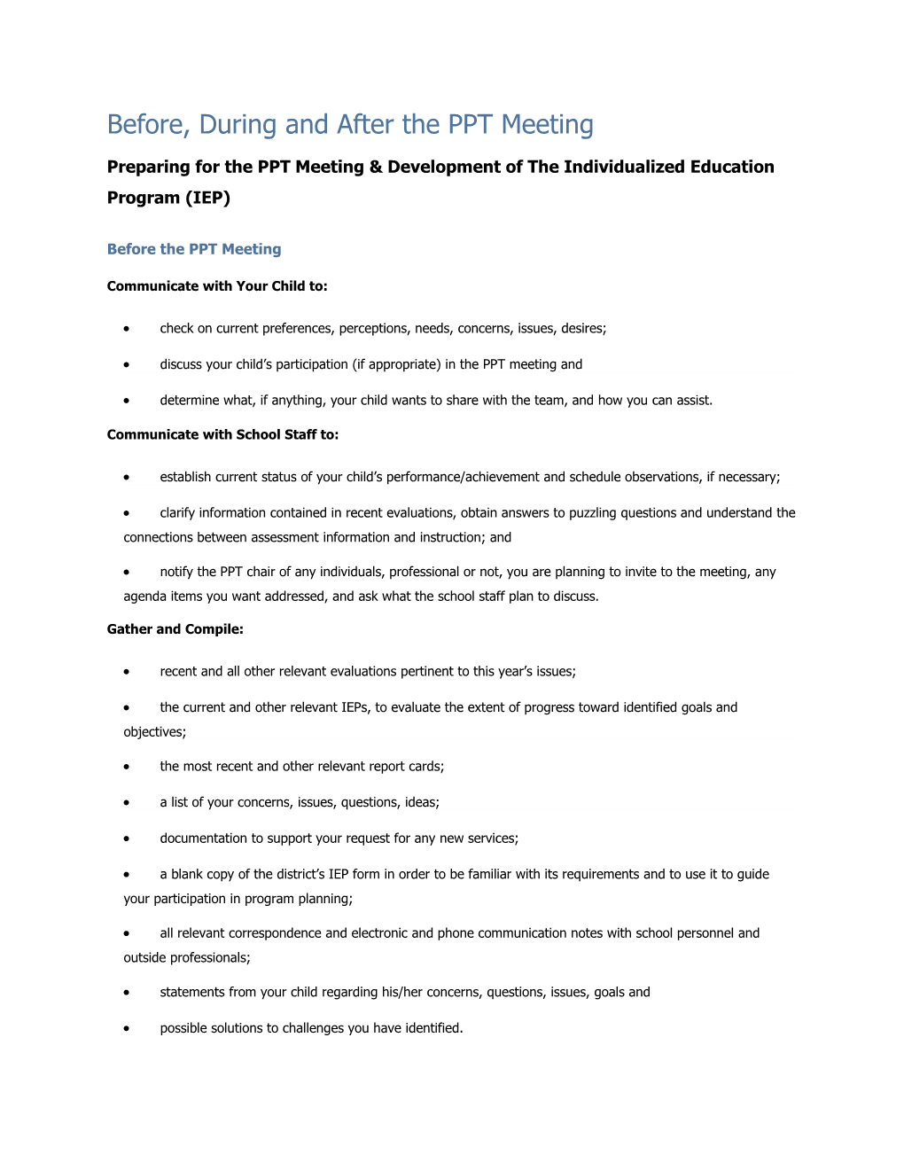 Preparing for the PPT Meeting & Development of the Individualized Education Program (IEP)