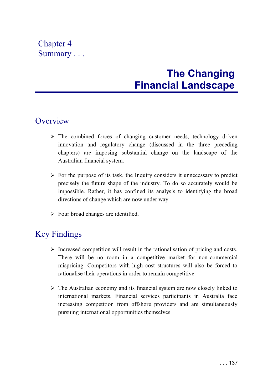 Finacial System Inquiry (Wallis Report) - the Changing Financial Landscape