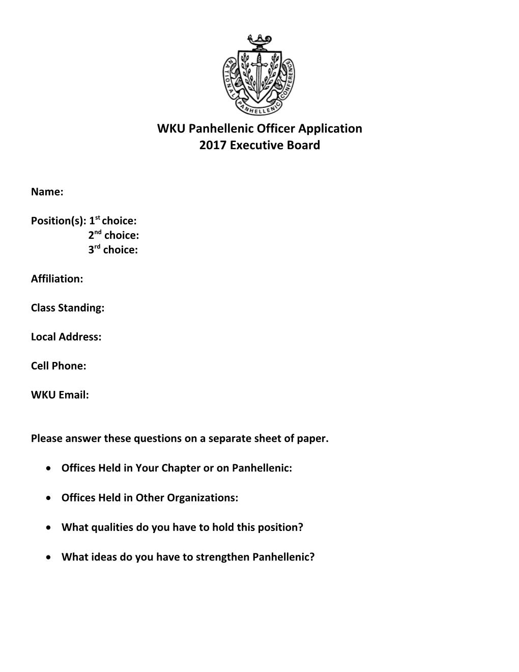 WKU Panhellenic Officer Application
