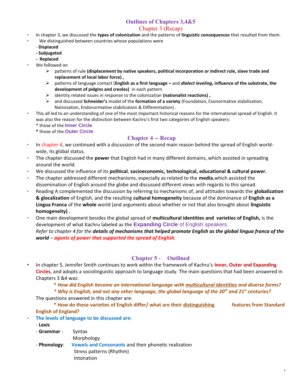 Outlines of Chapters 3,4&5