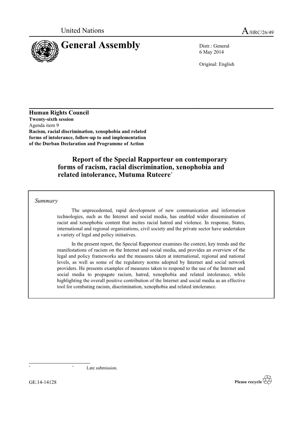Report of the Special Rapporteur on Contemporary Forms of Racism, Racial Discrimination