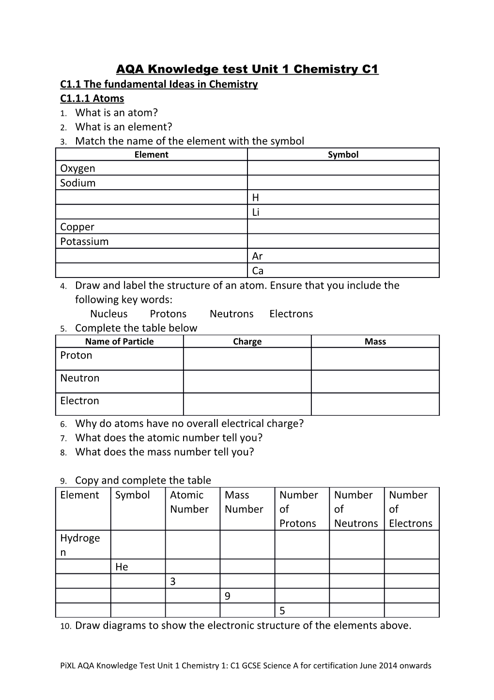 AQA Knowledge Test Unit 1 Chemistry C1