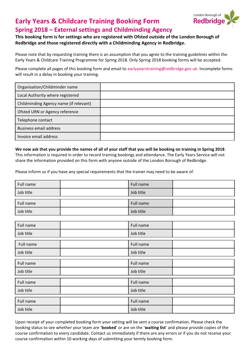 Early Years Childcare Training Booking Form