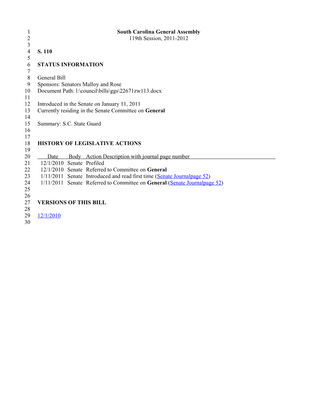 2011-2012 Bill 110: S.C. State Guard - South Carolina Legislature Online