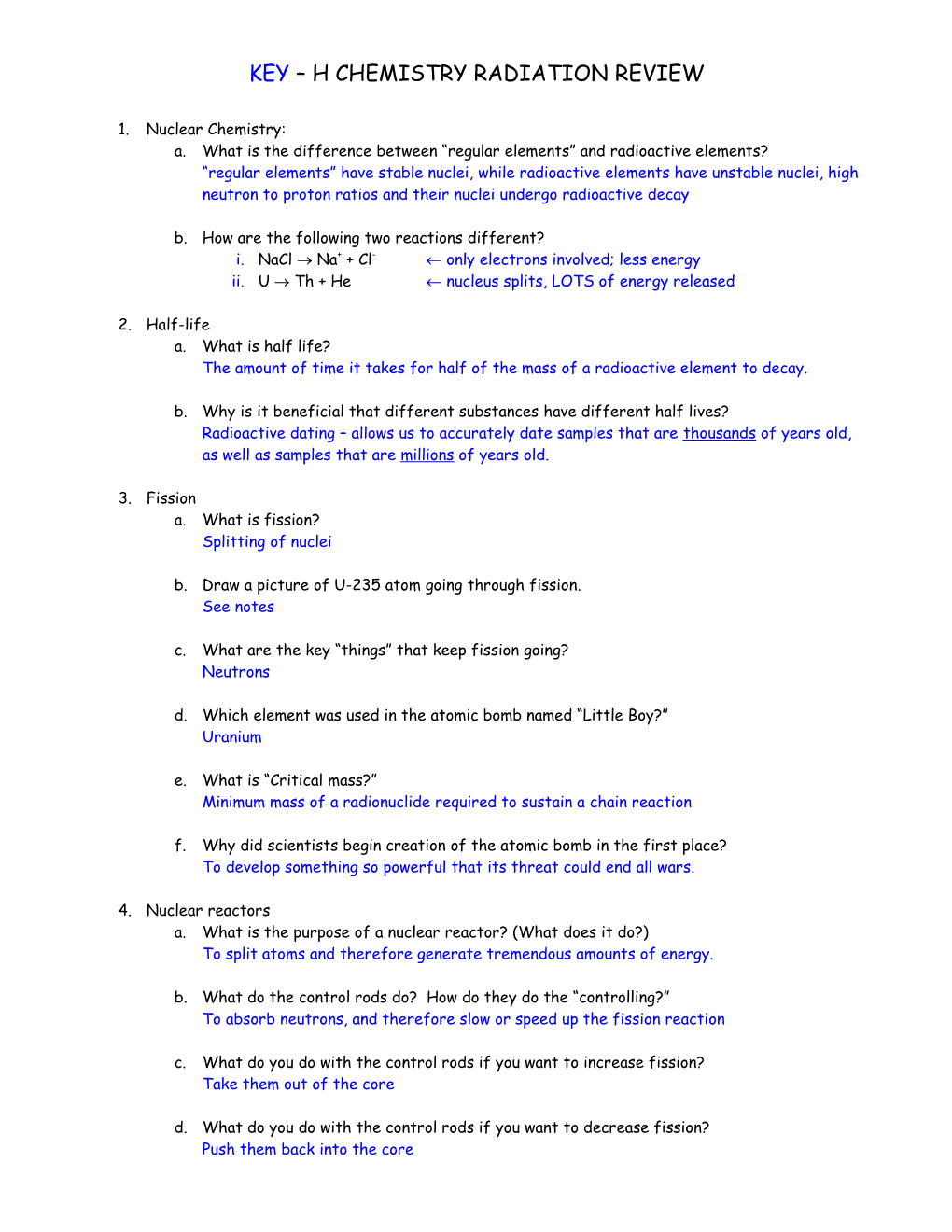 Key H Chemistry Radiation Review