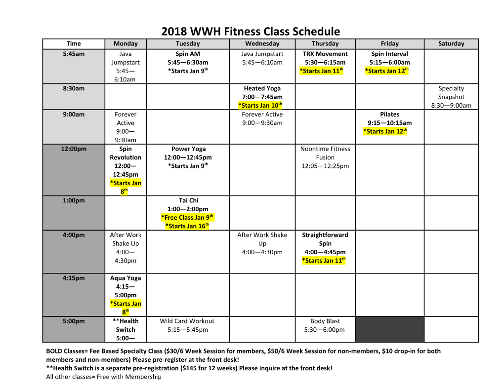 2018 WWH Fitness Class Schedule