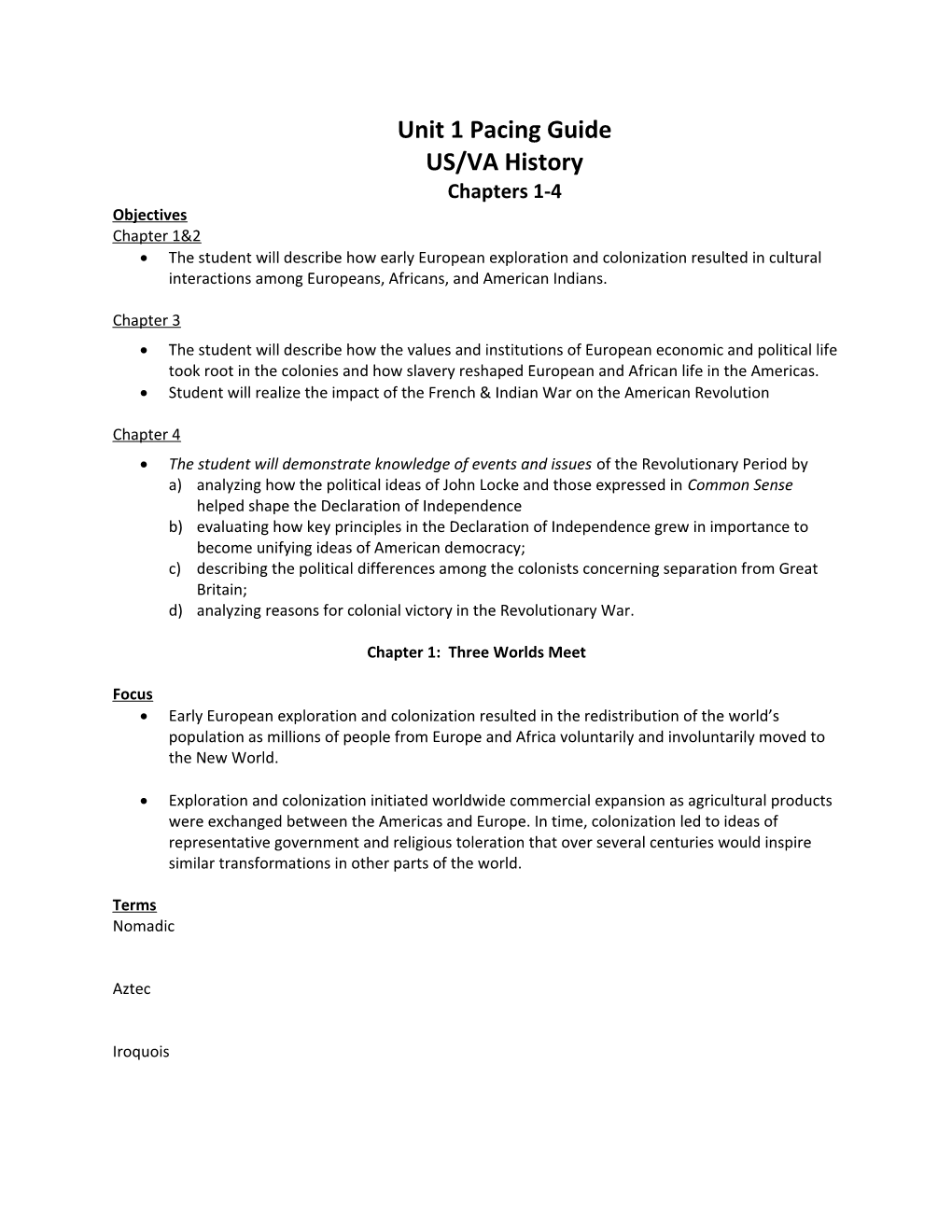 Unit 1 Pacing Guide