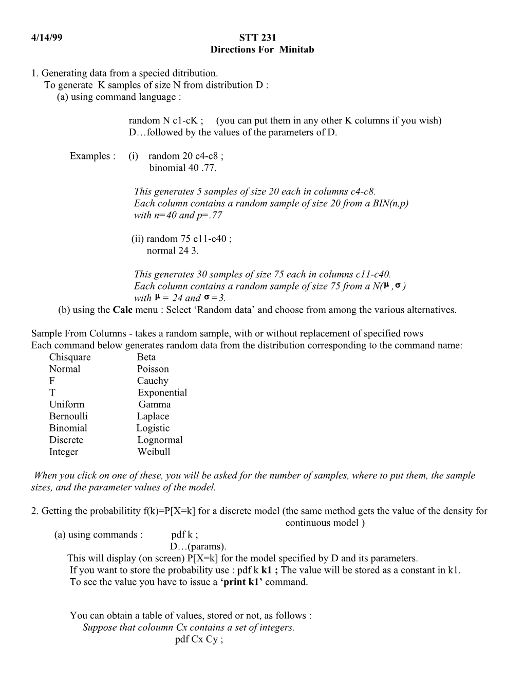 Directions for Minitab