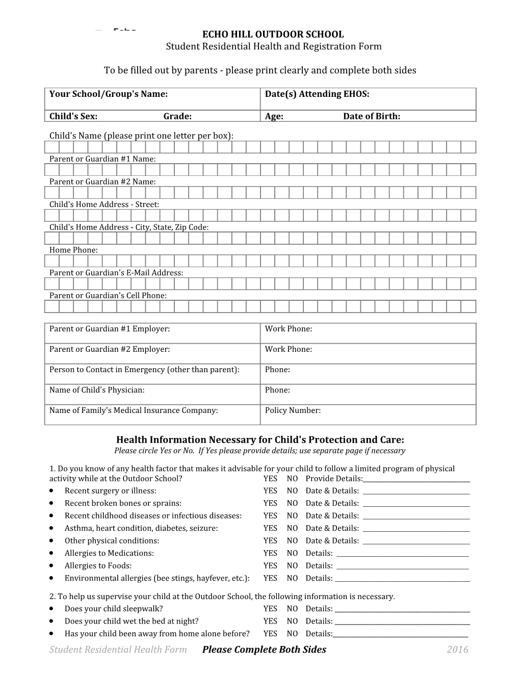 Student Residential Health and Registration Form
