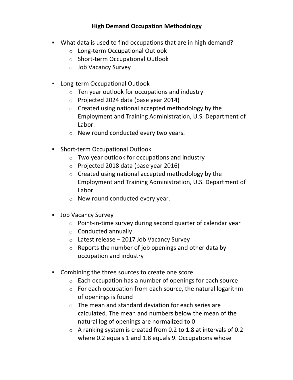 High Demand Occupation Methodology