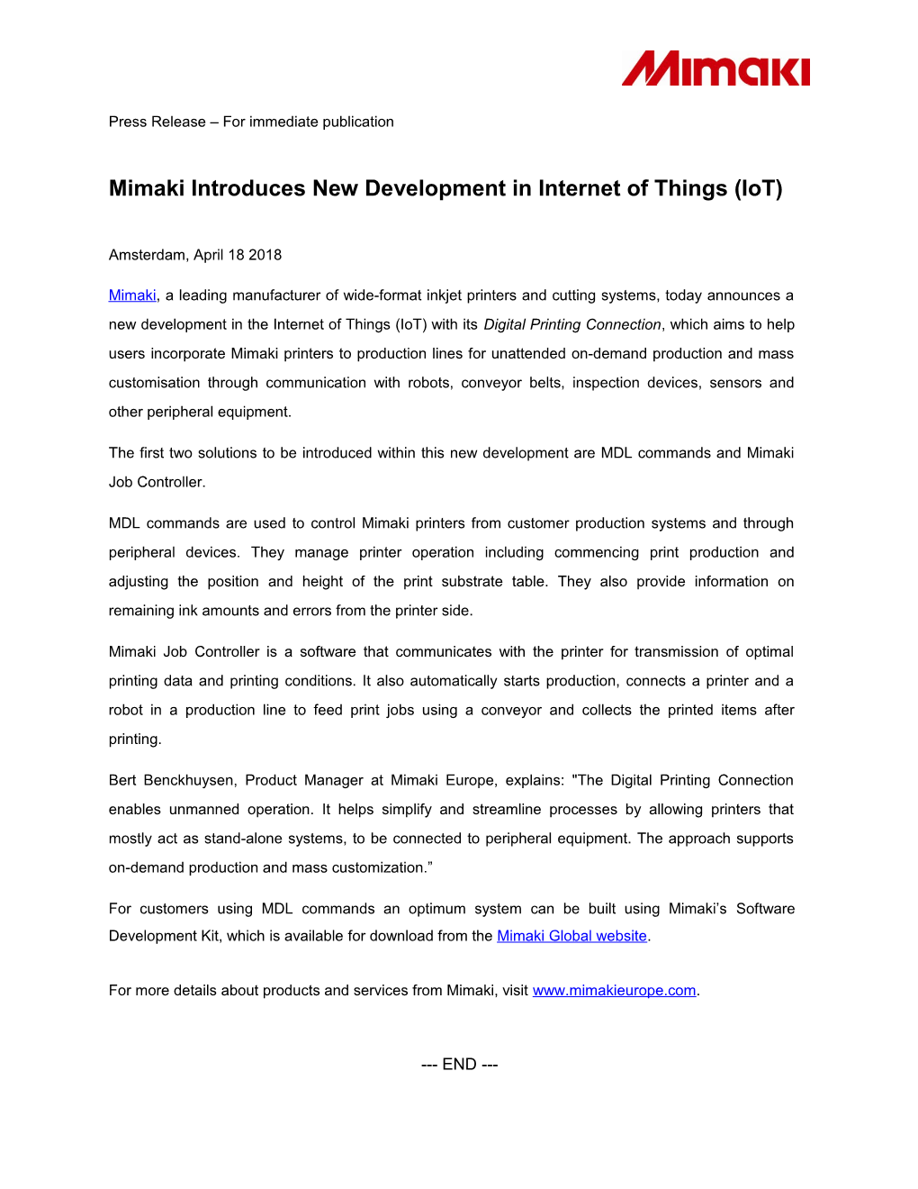 Mimaki Introduces New Development in Internet of Things (Iot)