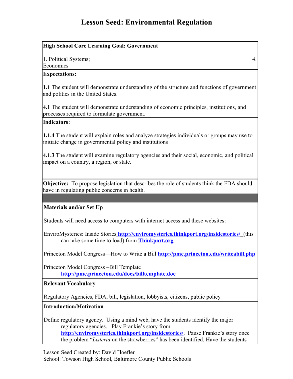 Lesson Seed: Environmental Regulation