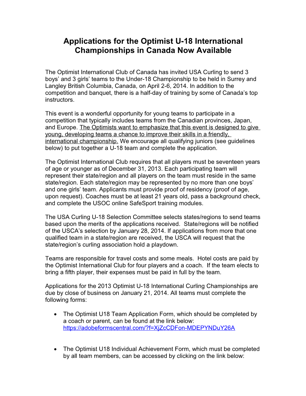 Optimist U-18 International Championships Applications Due Dec 8Th