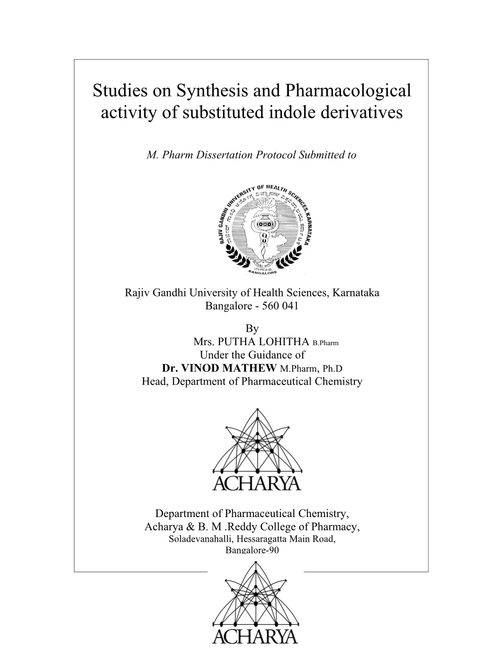 Studies on Synthesis and Pharmacological Activity of Substituted Indole Derivatives