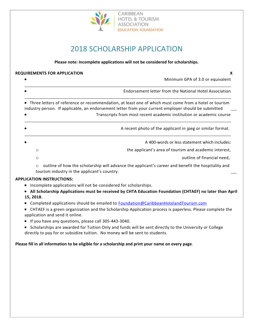 CHTAEF SCHOLARSHIP APPLICATION Page 1