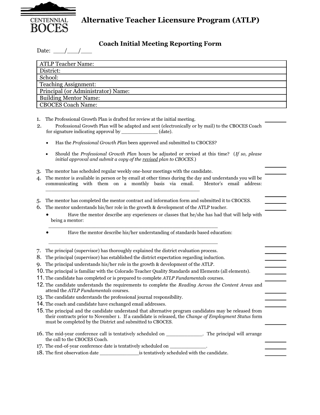 Coach Initial Meeting Reporting Form