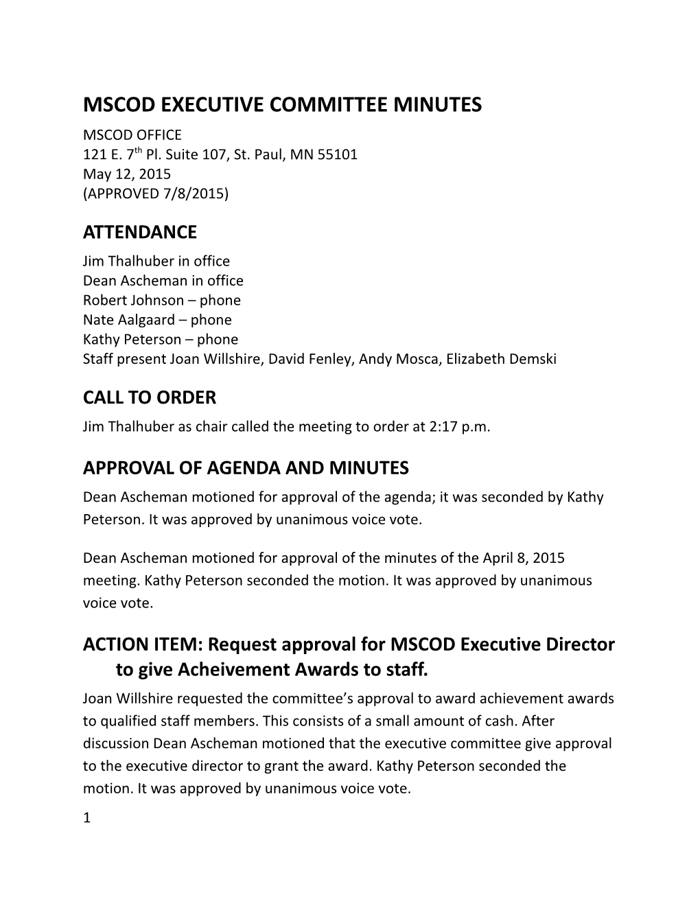 MSCOD Executive Committee Meeting Minutes, 05/13/2015