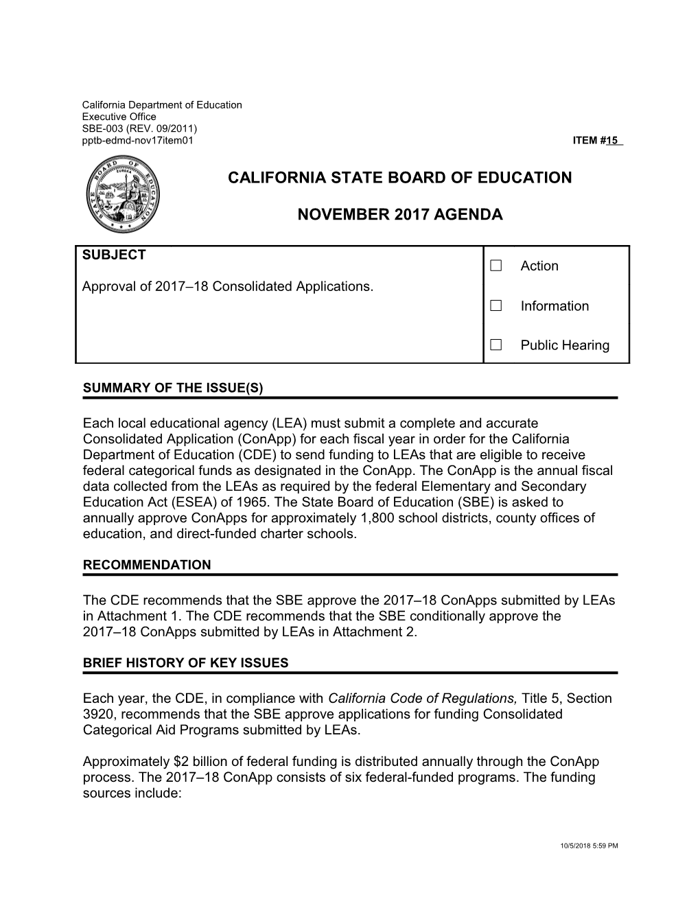 November 2017 Agenda Item 15 - Meeting Agendas (CA State Board of Education)
