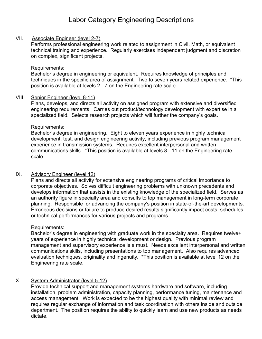 Labor Category Engineering Descriptions