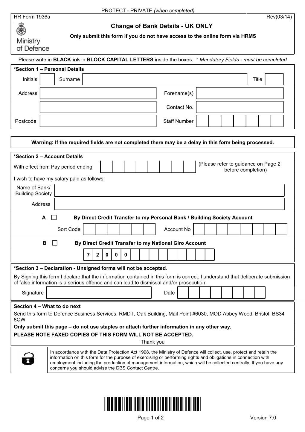 HR Form 1936A: Change of Bank Details