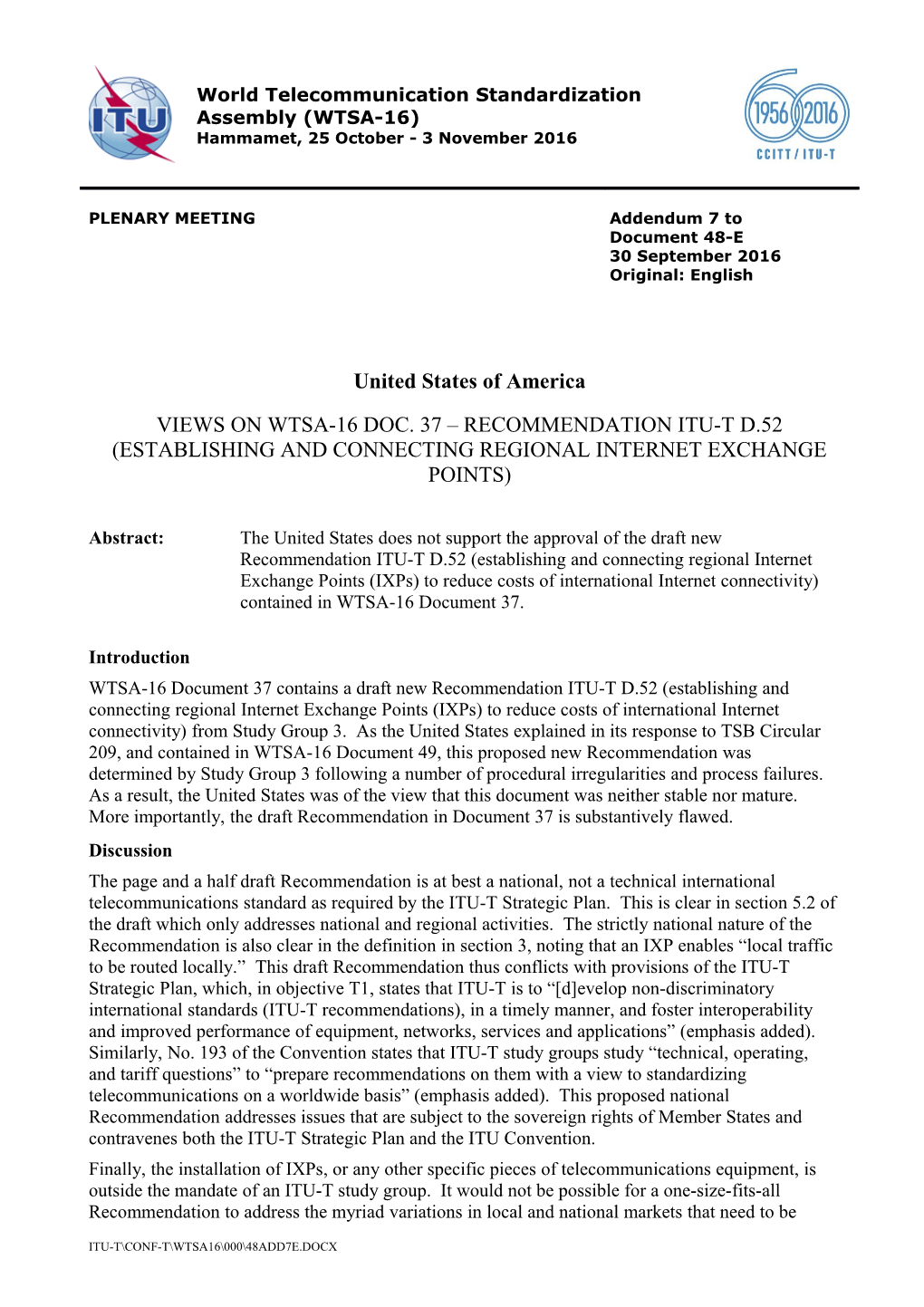 WTSA-16 Document 37 Contains a Draft New Recommendation ITU-T D.52 (Establishing and Connecting