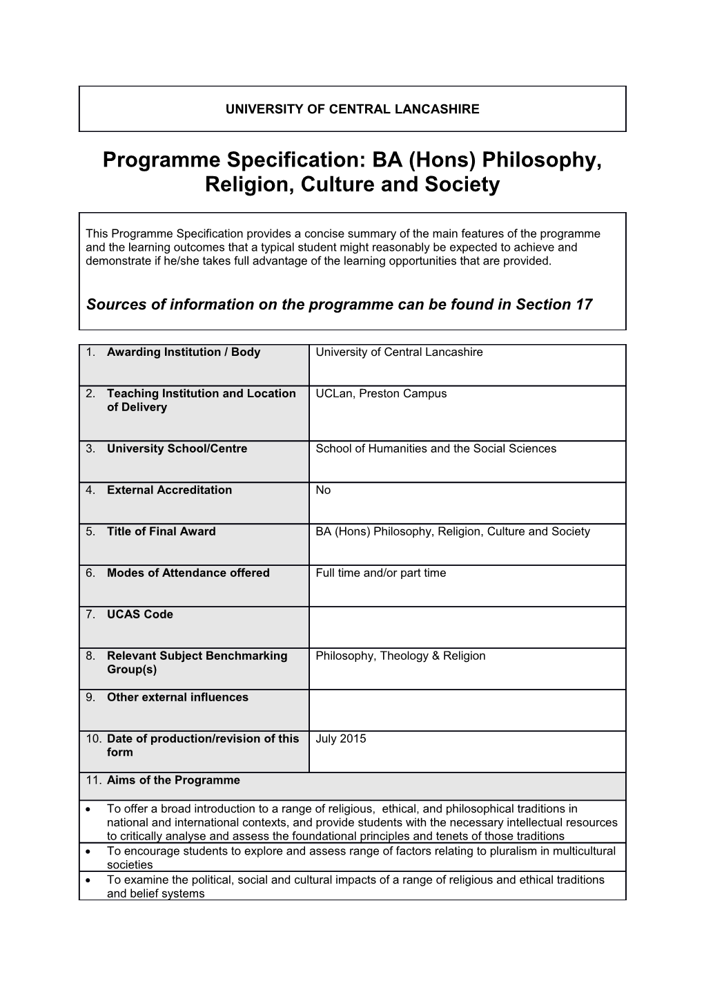 BA (Hons) Philosophy and Religion Culture and Society (Sept 2015)