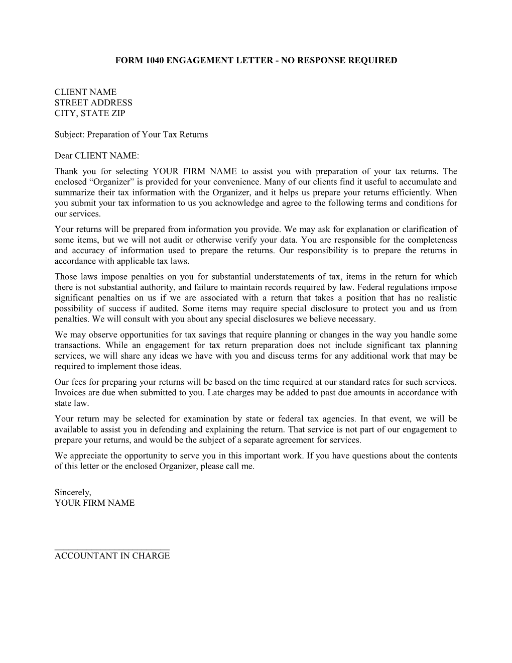 Negative Response Tax Engagement Letter