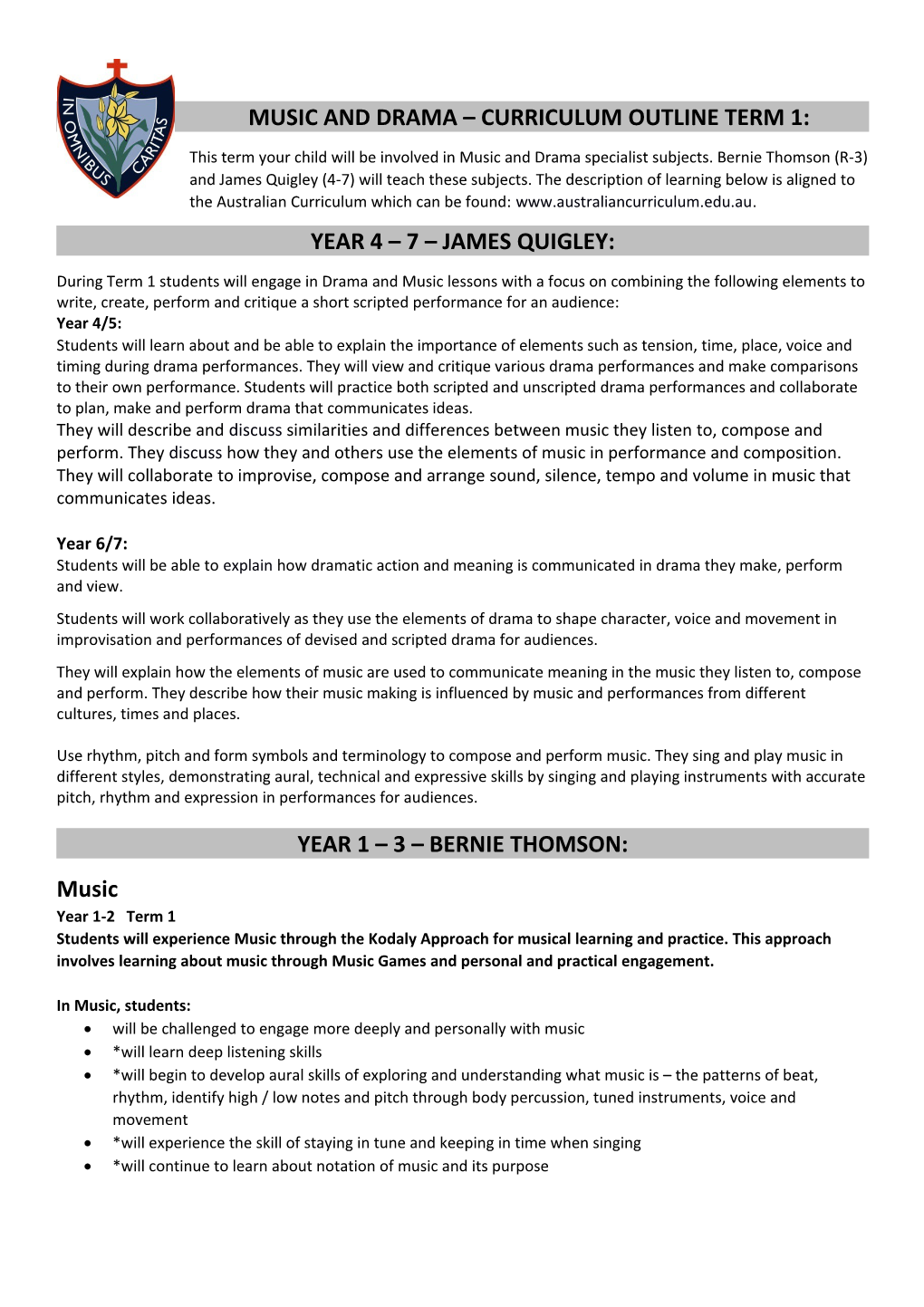 Music and Drama Curriculum Outline Term 1