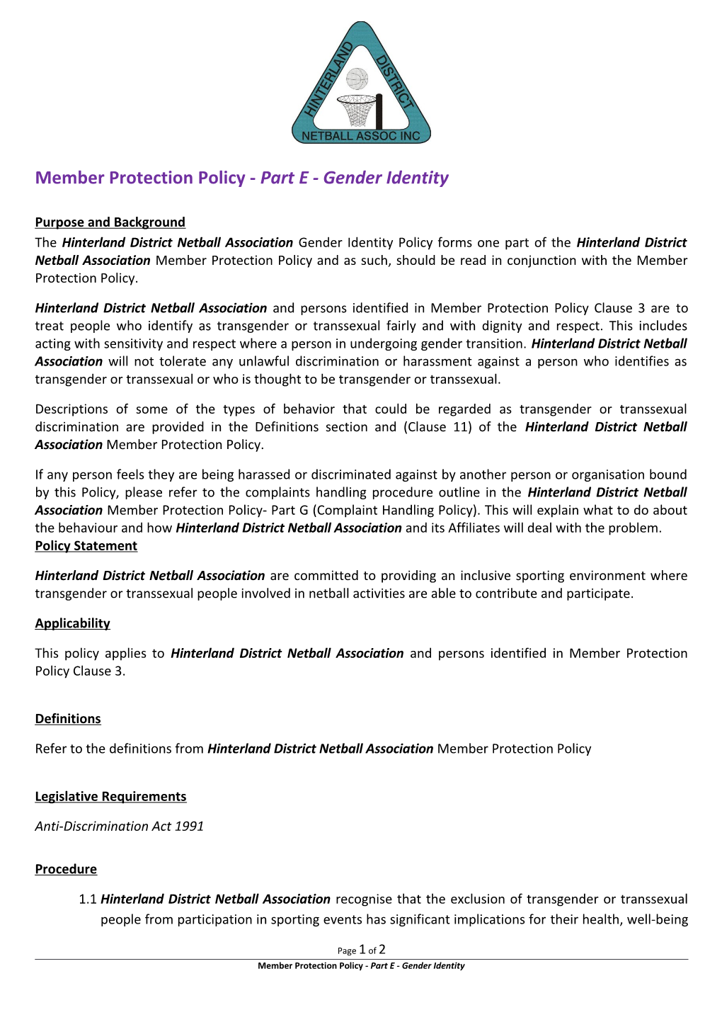 Member Protection Policy -Part E - Gender Identity