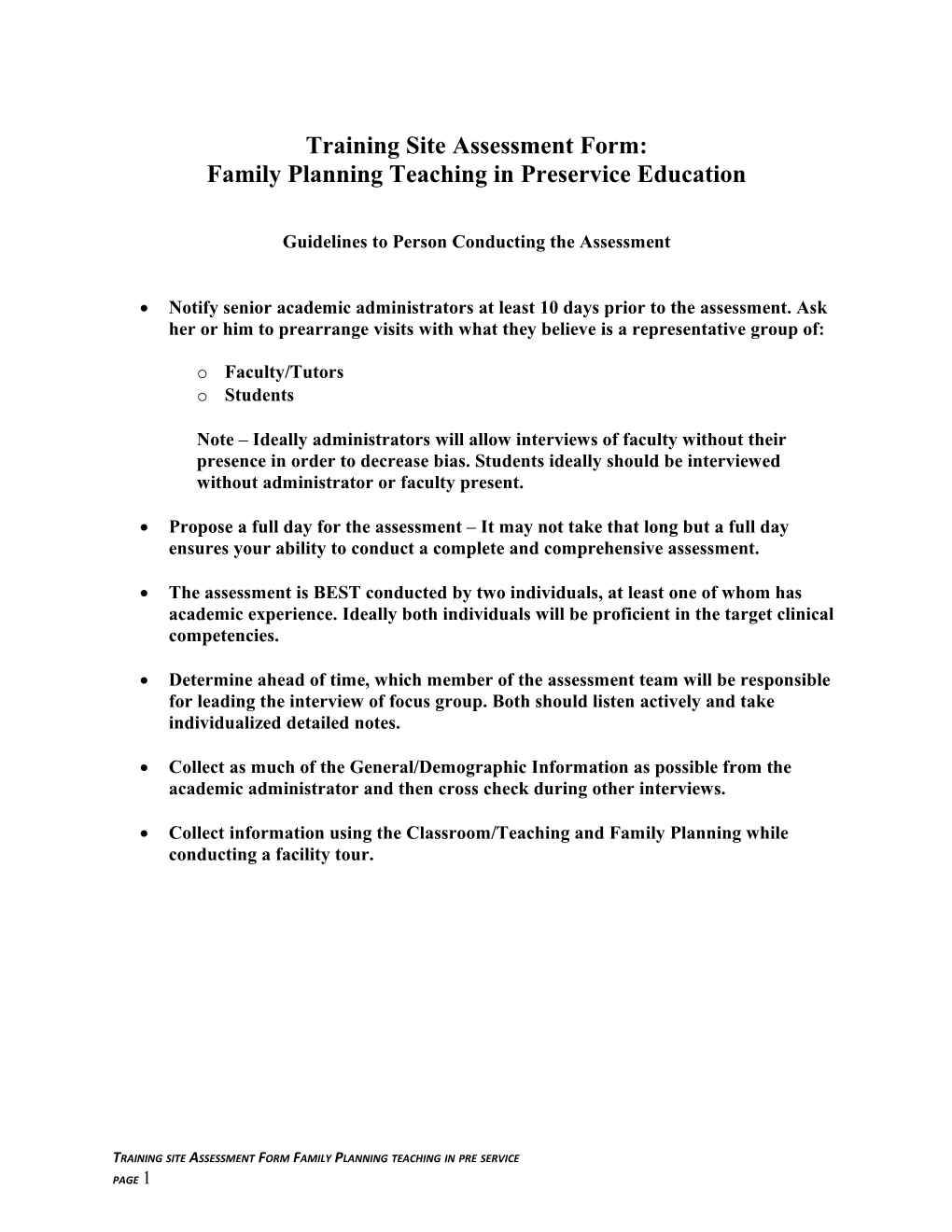 Training Site Assessment Form: Family Planning Teaching for Pre-Service