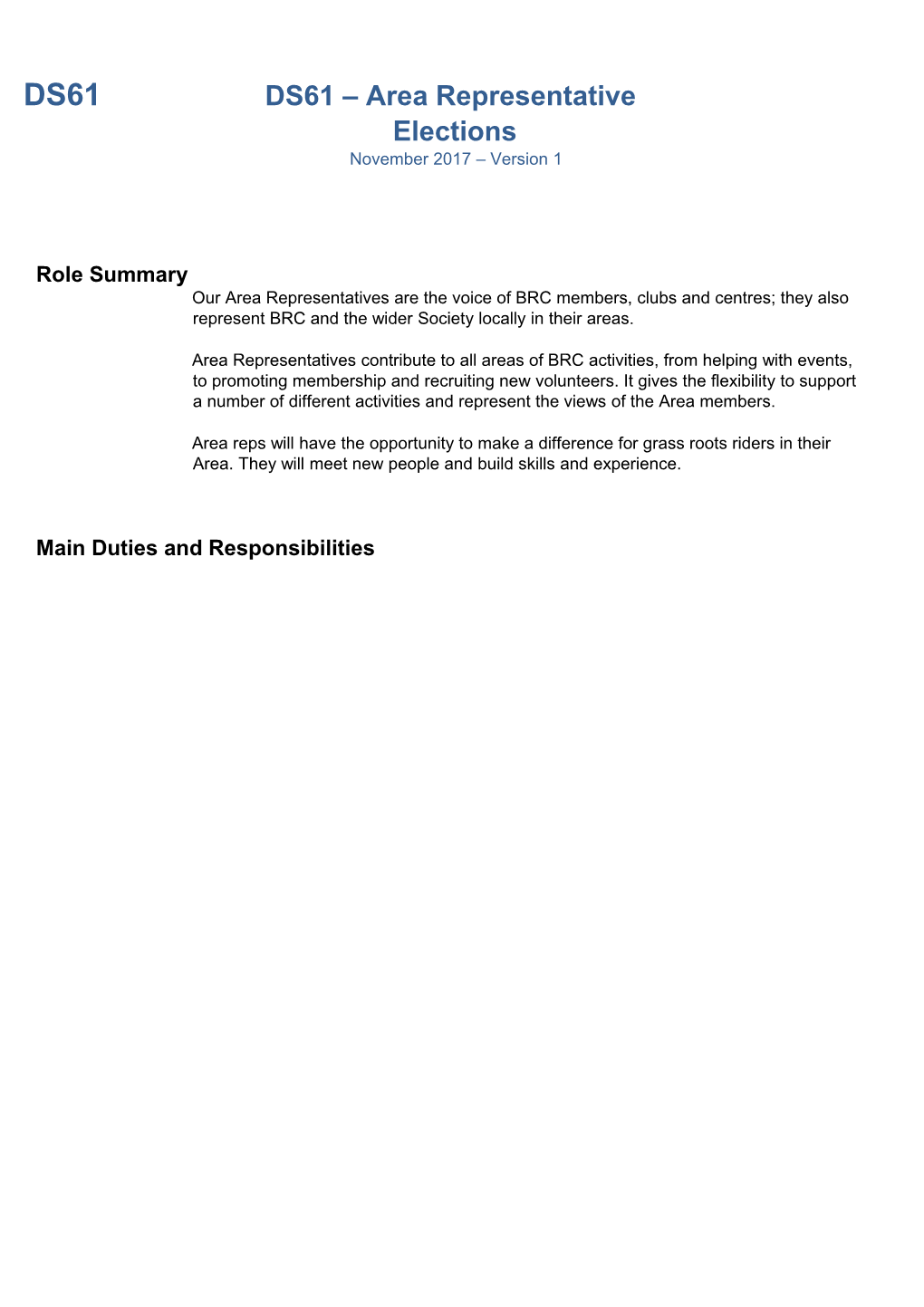 BRC Data Sheet DS61 Area Representative Elections