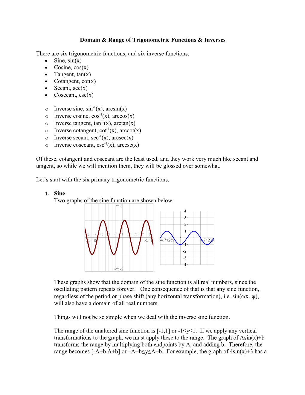 Domain & Range of Trigonometric Functions & Inverses