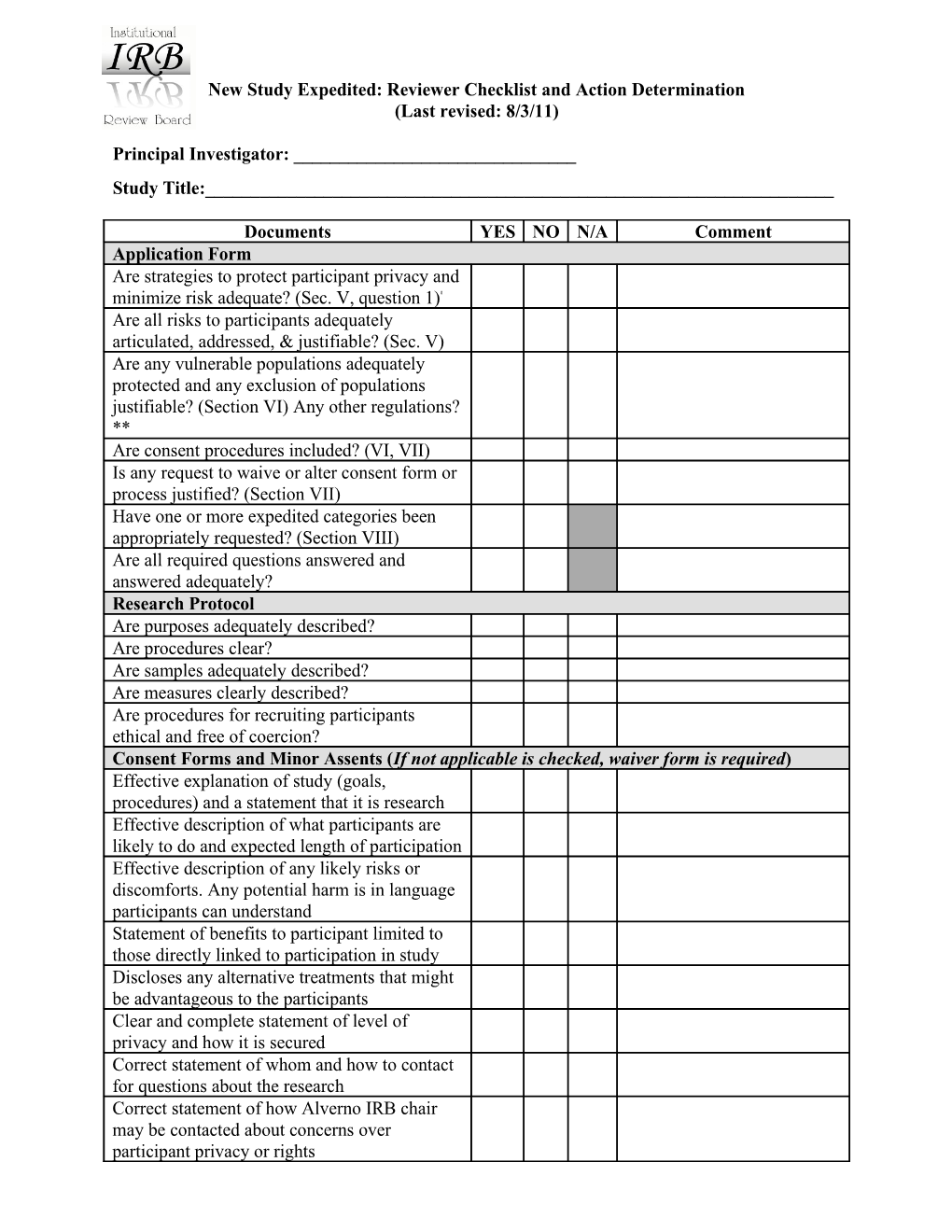 New Study Expedited: Reviewerchecklist and Action Determination