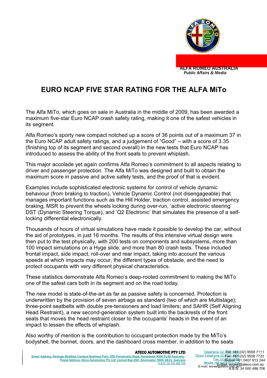 EURO NCAP FIVE STAR RATING for the ALFA Mito
