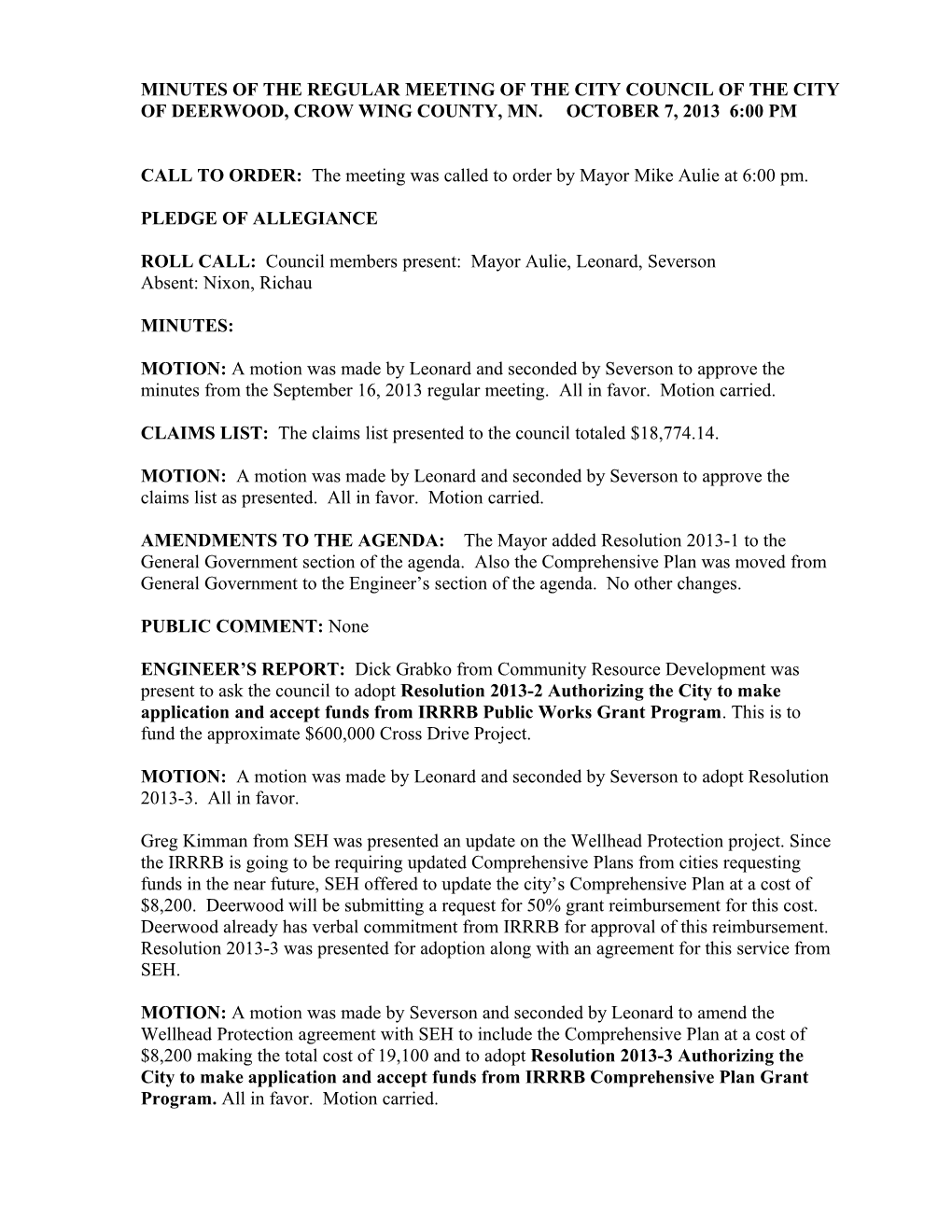 Minutes of the Regular Meeting of the City Council of the City of Backus, Cass County, Mn