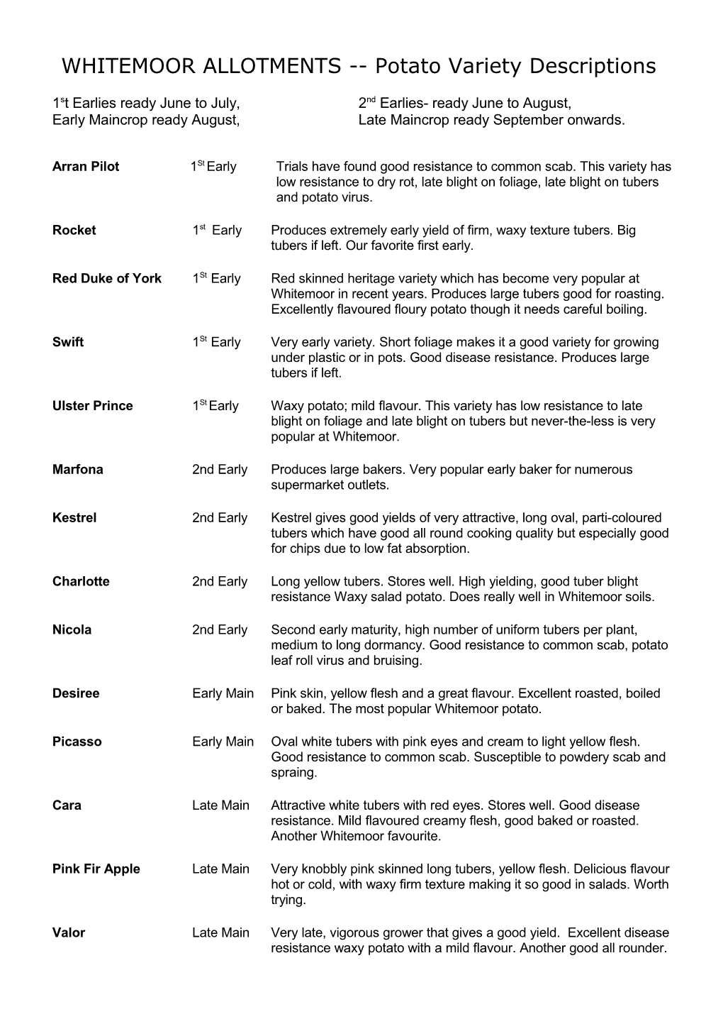 WHITEMOOR ALLOTMENTS Potato Variety Descriptions