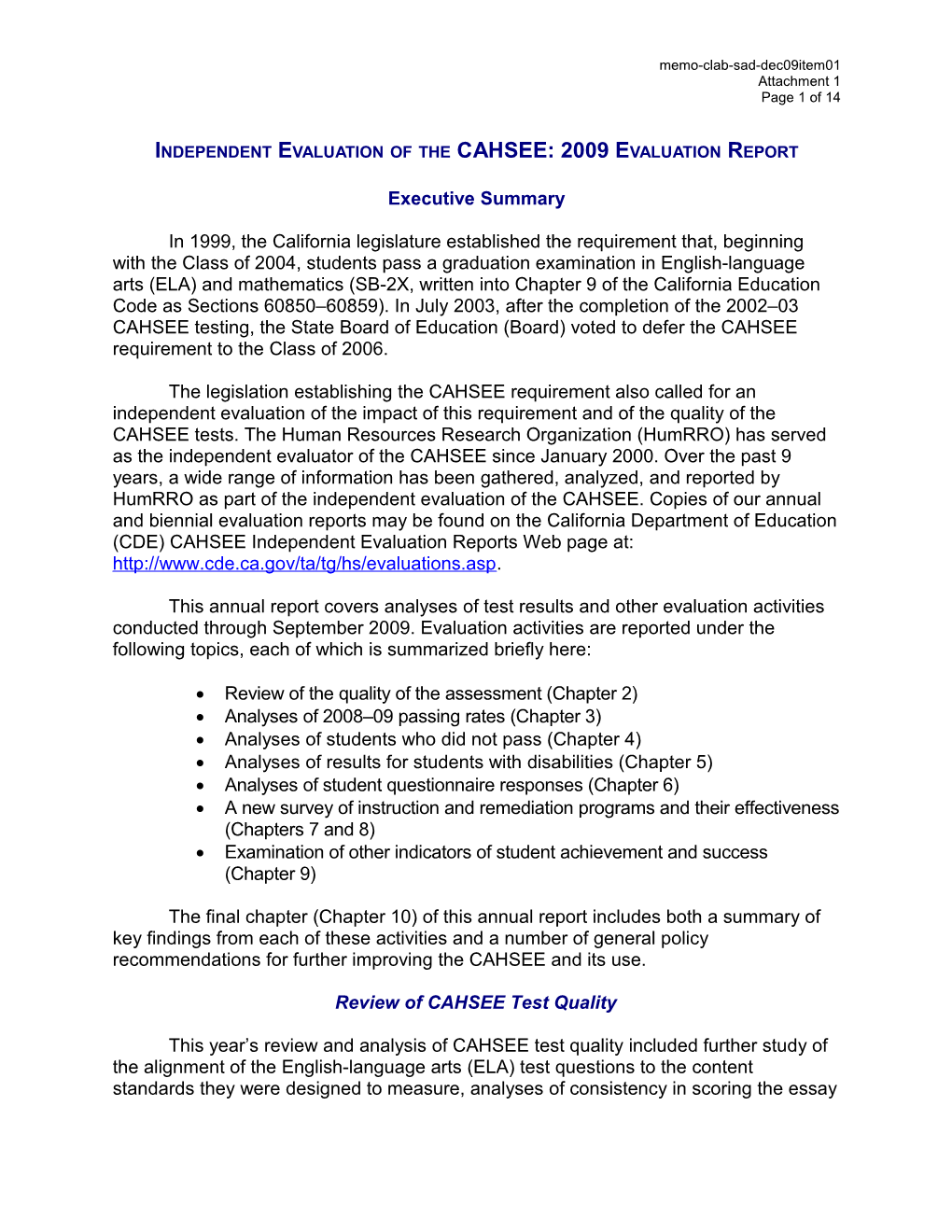 December 2009 CLAB Item 01 Attachment 1 - Informatin Memorandum (CA State Board of Education)