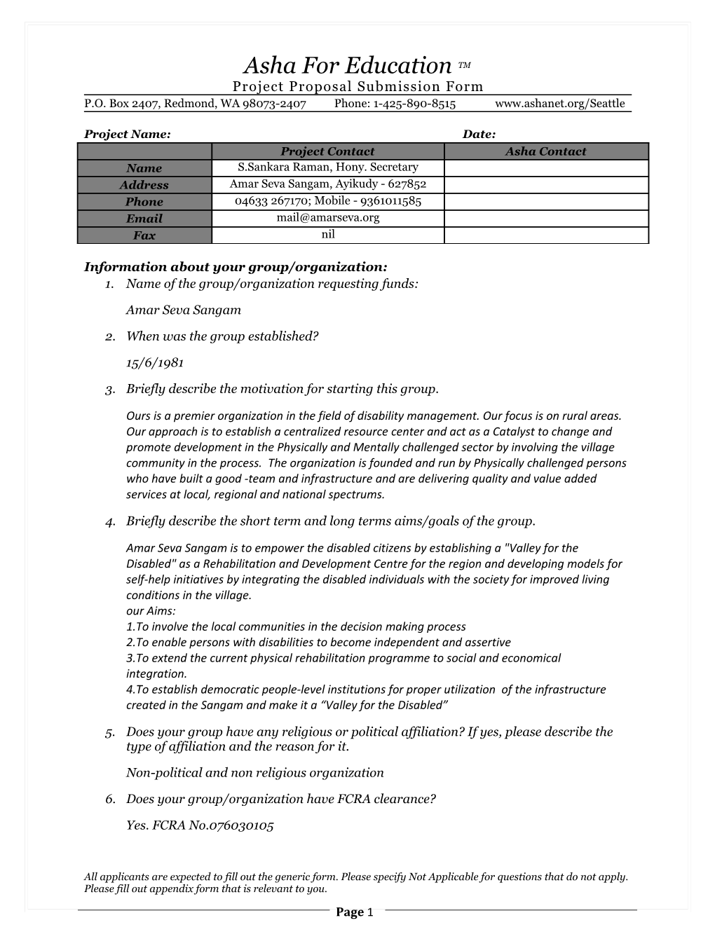Asha for Education TM Project Proposal Submission Form