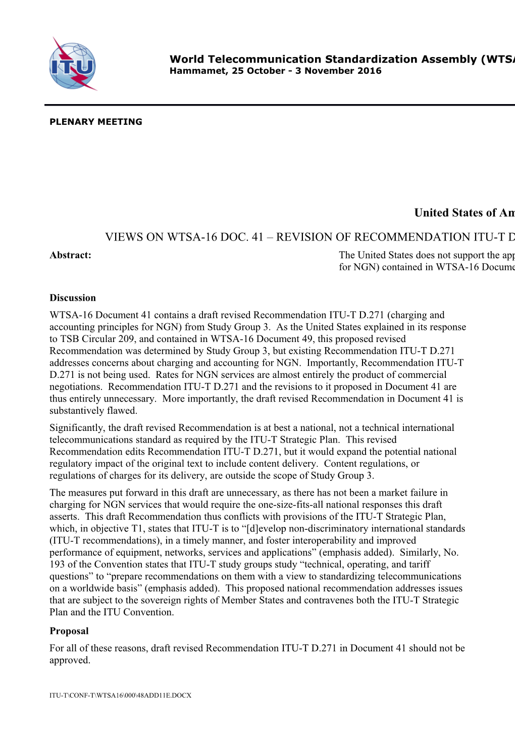 WTSA-16 Document 41 Contains a Draft Revised Recommendation ITU-T D.271 (Charging and Accounting