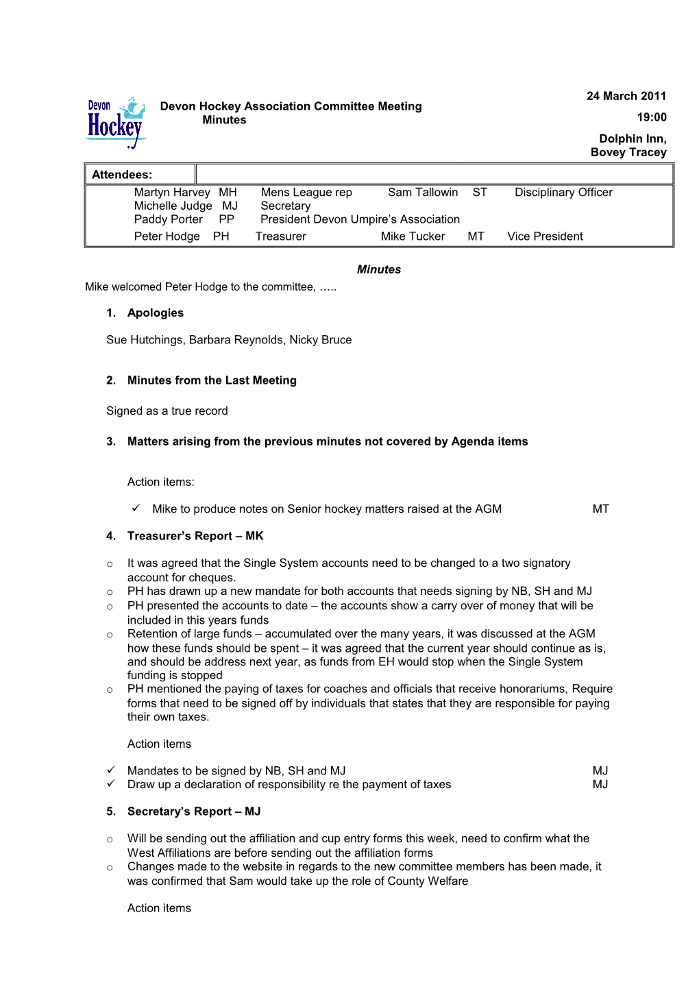 Devon Hockey Association Committee Meeting Minutes