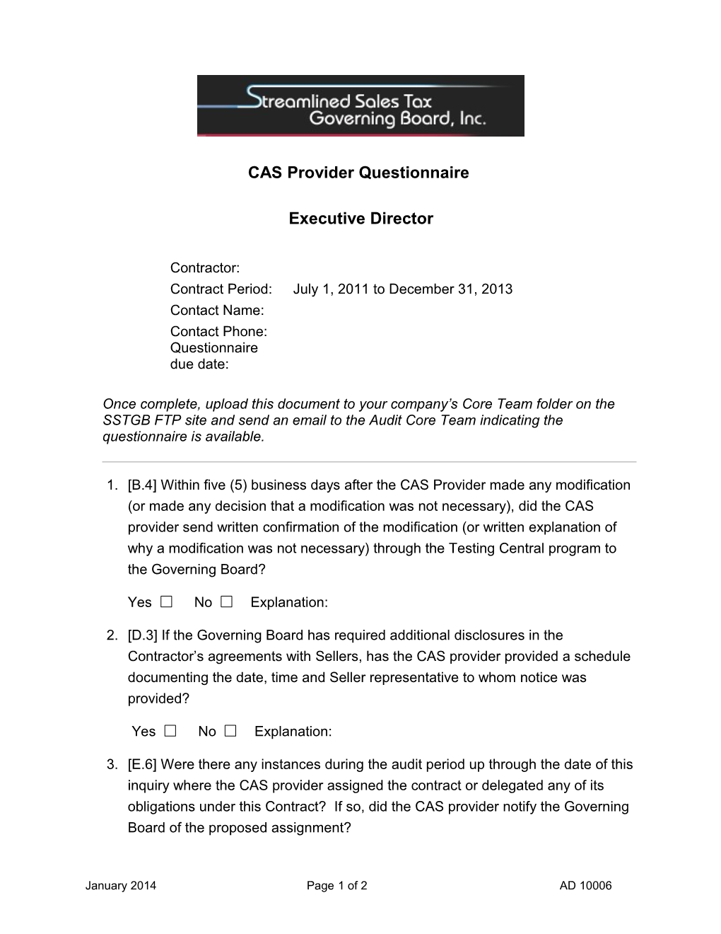 CAS Provider Questionnaire