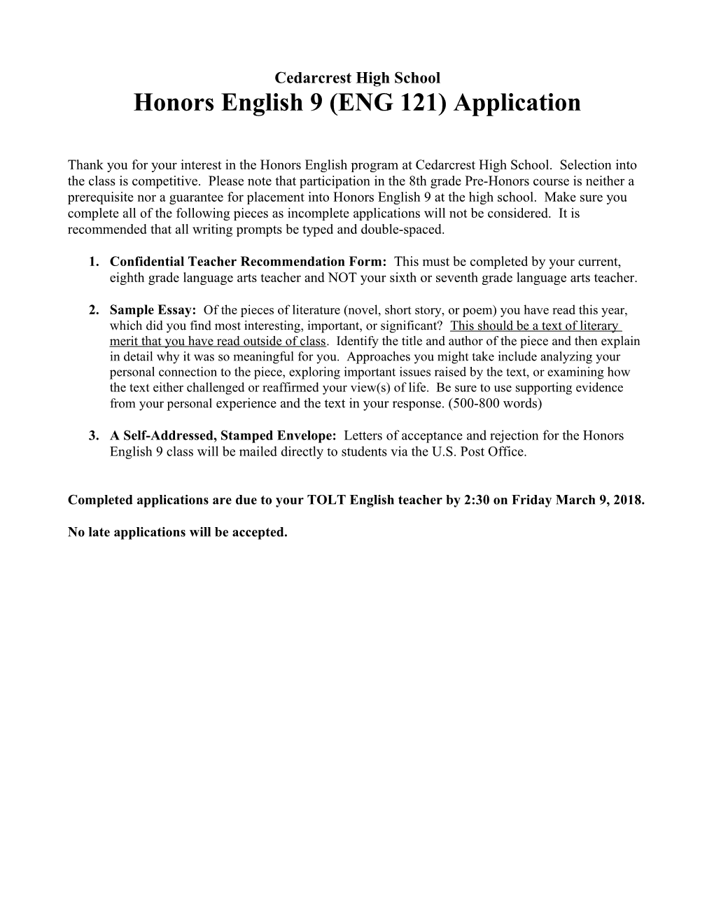 Cedarcrest High School Honors English 9 (ENG 121) Application