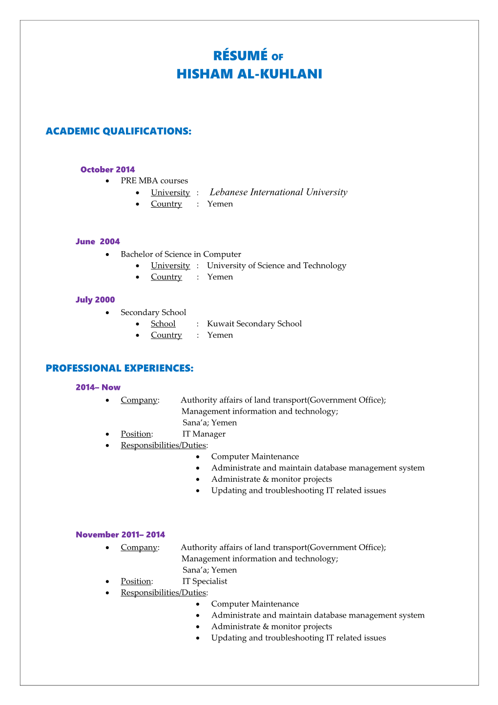 Résumé of Abdulkader Alshathily