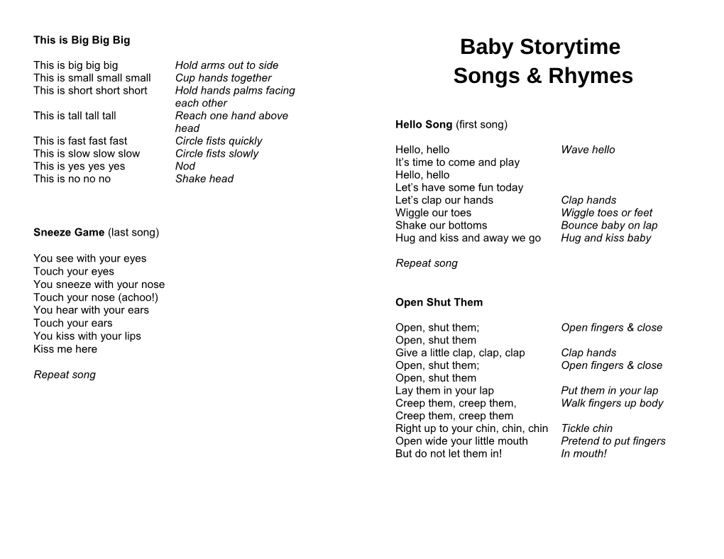 Baby Storytime Songs & Rhymes