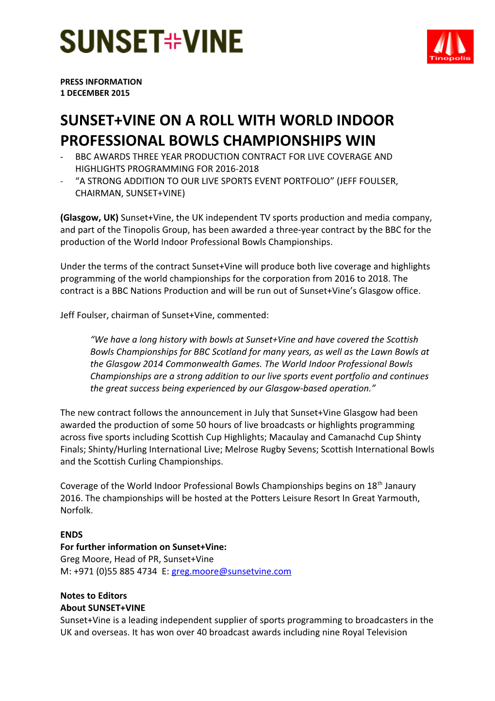 Sunset+Vine on a Roll with World Indoor Professional Bowls Championships Win