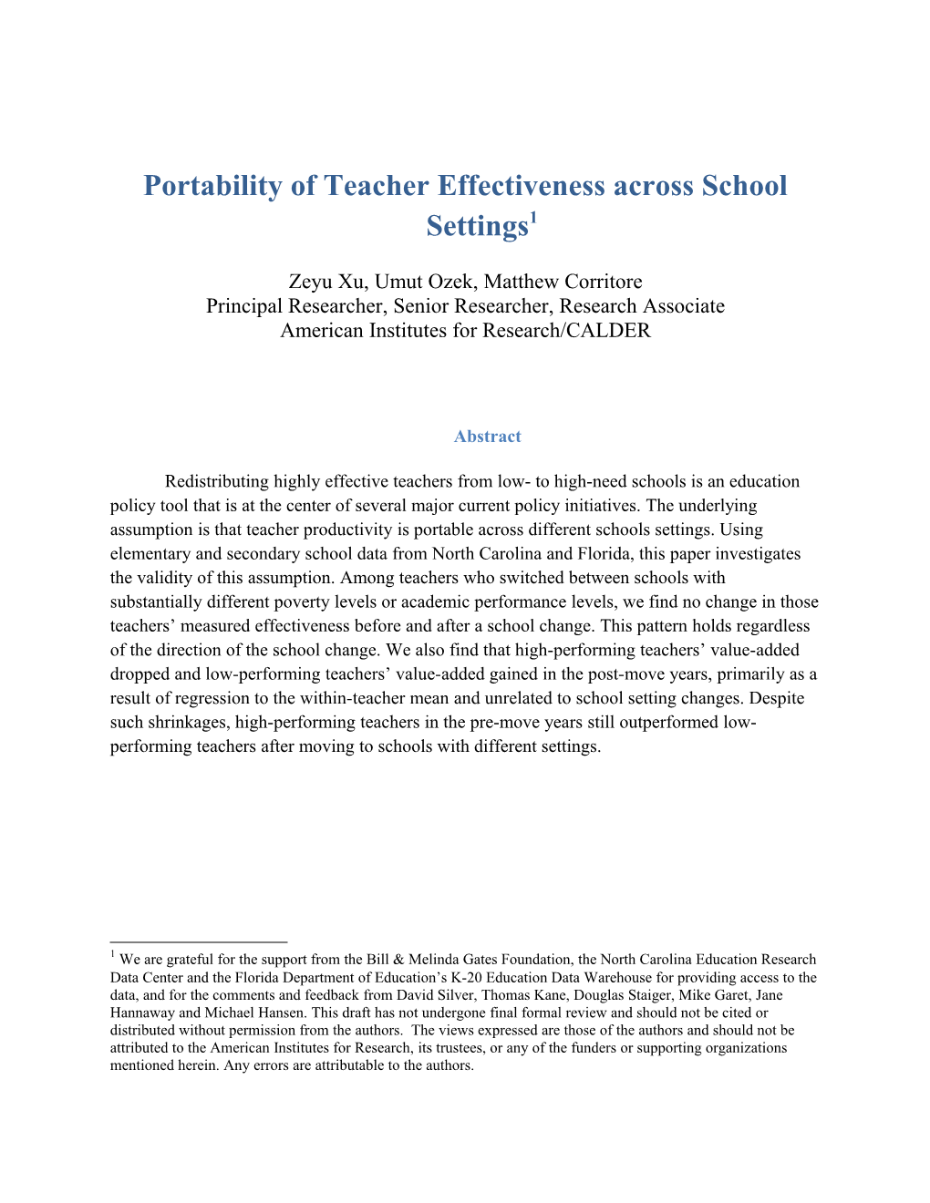 Portability of Teacher Effectiveness Across School Settings